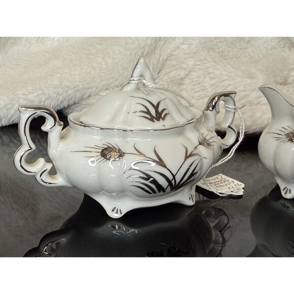 Lefton China Sugar And Creamer White And Silver Hand Painted 225 - Picture 11 of 14